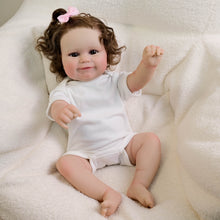 Cargar imagen en el visor de la galería, 20 Inch Realistic Newborn Baby Doll Xmas Gift Toy Rooted Brown Curls, Brown Eyes & Blush-Pink Bib Setfor Kids Age 3+