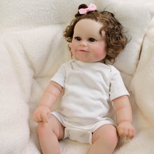 Cargar imagen en el visor de la galería, 20 Inch Realistic Newborn Baby Doll Xmas Gift Toy Rooted Brown Curls, Brown Eyes & Blush-Pink Bib Setfor Kids Age 3+