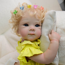 Carica l'immagine nel visualizzatore di Gallery, Blonde Curly Hair Bettie Reborn Baby Doll - 18" Cloth Body Girl in Yellow Romper with Flutter Sleeves & Round Collar - Blue Eyes