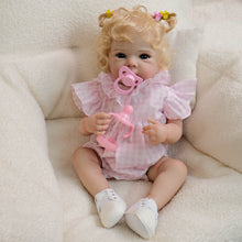 Cargar imagen en el visor de la galería, 18 Inch Reborn Blonde Curly Hair Bettie Doll - Cloth Body Girl in Pink Gingham Romper, Peter Pan Collar - Blue Eyes Collectible Heirloom