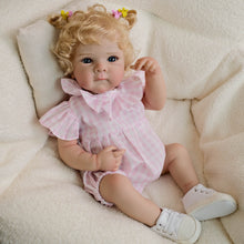 Cargar imagen en el visor de la galería, 18 Inch Reborn Blonde Curly Hair Bettie Doll - Cloth Body Girl in Pink Gingham Romper, Peter Pan Collar - Blue Eyes Collectible Heirloom