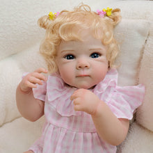 Cargar imagen en el visor de la galería, 18 Inch Reborn Blonde Curly Hair Bettie Doll - Cloth Body Girl in Pink Gingham Romper, Peter Pan Collar - Blue Eyes Collectible Heirloom