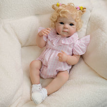 Cargar imagen en el visor de la galería, 18 Inch Reborn Blonde Curly Hair Bettie Doll - Cloth Body Girl in Pink Gingham Romper, Peter Pan Collar - Blue Eyes Collectible Heirloom