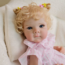 Cargar imagen en el visor de la galería, 18 Inch Reborn Blonde Curly Hair Bettie Doll - Cloth Body Girl in Pink Gingham Romper, Peter Pan Collar - Blue Eyes Collectible Heirloom