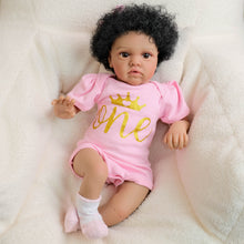 Load image into Gallery viewer, 20" African American Doll with Implanted Afro Hair - Dark Skin, Brown Eyes, Pink & Gold Letter Romper - Soft Cloth Body - Chantal