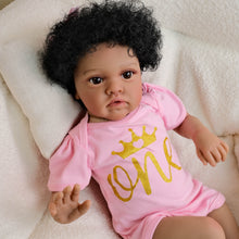 Load image into Gallery viewer, 20" African American Doll with Implanted Afro Hair - Dark Skin, Brown Eyes, Pink & Gold Letter Romper - Soft Cloth Body - Chantal