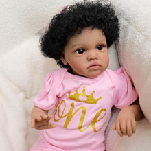 Load image into Gallery viewer, 20" African American Doll with Implanted Afro Hair - Dark Skin, Brown Eyes, Pink & Gold Letter Romper - Soft Cloth Body - Chantal