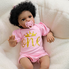 Load image into Gallery viewer, 20" African American Doll with Implanted Afro Hair - Dark Skin, Brown Eyes, Pink & Gold Letter Romper - Soft Cloth Body - Chantal