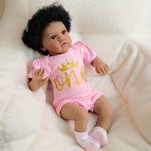 Load image into Gallery viewer, 20" African American Doll with Implanted Afro Hair - Dark Skin, Brown Eyes, Pink & Gold Letter Romper - Soft Cloth Body - Chantal