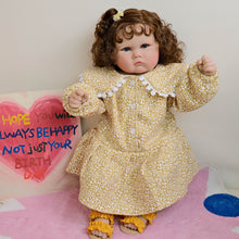 Load image into Gallery viewer, 24 inch 60cm Exquisite Cloth Body Reborn Baby "Charlotte" - Implanted Brown Curly Hair, Full Limbs + Ditsy Floral Peter Pan Collar Dress Set