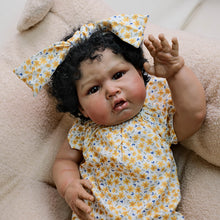 Load image into Gallery viewer, 24 inch African American Cloth Body Doll - Hand-Rooted Black Curls & Yellow Floral Flutter-Sleeve Romper | Realistic Brown Skin Collectible