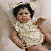 Load image into Gallery viewer, 24 inch African American Cloth Body Doll - Hand-Rooted Black Curls & Yellow Floral Flutter-Sleeve Romper | Realistic Brown Skin Collectible