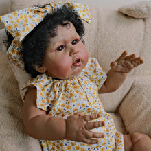 Load image into Gallery viewer, 24 inch African American Cloth Body Doll - Hand-Rooted Black Curls & Yellow Floral Flutter-Sleeve Romper | Realistic Brown Skin Collectible