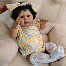 Load image into Gallery viewer, 24 inch African American Cloth Body Doll - Hand-Rooted Black Curls & Yellow Floral Flutter-Sleeve Romper | Realistic Brown Skin Collectible