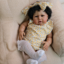 Load image into Gallery viewer, 24 inch African American Cloth Body Doll - Hand-Rooted Black Curls & Yellow Floral Flutter-Sleeve Romper | Realistic Brown Skin Collectible