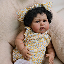 Load image into Gallery viewer, 24 inch African American Cloth Body Doll - Hand-Rooted Black Curls & Yellow Floral Flutter-Sleeve Romper | Realistic Brown Skin Collectible