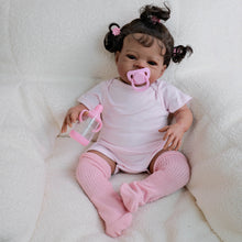 Cargar imagen en el visor de la galería, 20 Inch Lanny Cloth Body Doll - Brown Skin with Rooted Curly Braids, Sparkling Brown Eyes in Pink Romper & Tights, High-Definition Makeup