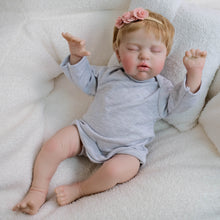 Carica l'immagine nel visualizzatore di Gallery, 19" Sleeping Reborn Baby Doll Teddy - Rooted Blonde Hair, Heather Gray Footed Sleeper + Floral Headband, Eyes Closed