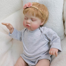 Carica l'immagine nel visualizzatore di Gallery, 19" Sleeping Reborn Baby Doll Teddy - Rooted Blonde Hair, Heather Gray Footed Sleeper + Floral Headband, Eyes Closed