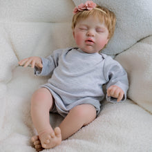 Carica l'immagine nel visualizzatore di Gallery, 19" Sleeping Reborn Baby Doll Teddy - Rooted Blonde Hair, Heather Gray Footed Sleeper + Floral Headband, Eyes Closed