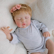 Carica l'immagine nel visualizzatore di Gallery, 19" Sleeping Reborn Baby Doll Teddy - Rooted Blonde Hair, Heather Gray Footed Sleeper + Floral Headband, Eyes Closed