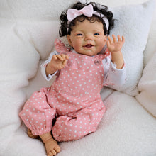 Загрузить изображение в средство просмотра галереи, 20 Inch Charlie Brown Skin Doll - Hand-Painted Curly Hair, Sparkling Blue Glass Eyes No Eyelashes in Pink Polka Dot Overalls Set, Soft Cloth Body & HD Blush