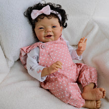 Загрузить изображение в средство просмотра галереи, 20 Inch Charlie Brown Skin Doll - Hand-Painted Curly Hair, Sparkling Blue Glass Eyes No Eyelashes in Pink Polka Dot Overalls Set, Soft Cloth Body & HD Blush