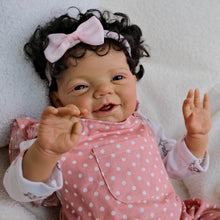 Загрузить изображение в средство просмотра галереи, 20 Inch Charlie Brown Skin Doll - Hand-Painted Curly Hair, Sparkling Blue Glass Eyes No Eyelashes in Pink Polka Dot Overalls Set, Soft Cloth Body & HD Blush