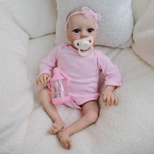 Cargar imagen en el visor de la galería, Hand-Painted Head Reborn Baby Doll 16 inch 40cm with Blue Eyes, Blonde Hair, Pink Long-Sleeve Romper, Cloth Body & Full Limbs