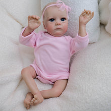 Cargar imagen en el visor de la galería, Hand-Painted Head Reborn Baby Doll 16 inch 40cm with Blue Eyes, Blonde Hair, Pink Long-Sleeve Romper, Cloth Body & Full Limbs
