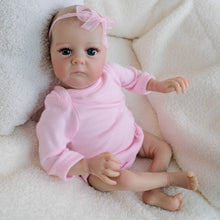 Cargar imagen en el visor de la galería, Hand-Painted Head Reborn Baby Doll 16 inch 40cm with Blue Eyes, Blonde Hair, Pink Long-Sleeve Romper, Cloth Body & Full Limbs