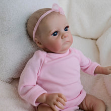 Cargar imagen en el visor de la galería, Hand-Painted Head Reborn Baby Doll 16 inch 40cm with Blue Eyes, Blonde Hair, Pink Long-Sleeve Romper, Cloth Body & Full Limbs