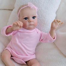 Cargar imagen en el visor de la galería, Hand-Painted Head Reborn Baby Doll 16 inch 40cm with Blue Eyes, Blonde Hair, Pink Long-Sleeve Romper, Cloth Body & Full Limbs