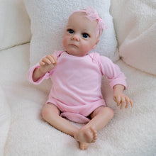 Cargar imagen en el visor de la galería, Hand-Painted Head Reborn Baby Doll 16 inch 40cm with Blue Eyes, Blonde Hair, Pink Long-Sleeve Romper, Cloth Body & Full Limbs