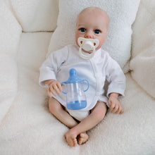 Cargar imagen en el visor de la galería, Hand-Painted Head Reborn Baby Doll 16 inch 40cm with Blue Eyes, Blonde Hair, Pink Long-Sleeve Romper, Cloth Body & Full Limbs