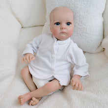Cargar imagen en el visor de la galería, Hand-Painted Head Reborn Baby Doll 16 inch 40cm with Blue Eyes, Blonde Hair, Pink Long-Sleeve Romper, Cloth Body & Full Limbs
