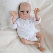 Cargar imagen en el visor de la galería, Hand-Painted Head Reborn Baby Doll 16 inch 40cm with Blue Eyes, Blonde Hair, Pink Long-Sleeve Romper, Cloth Body & Full Limbs