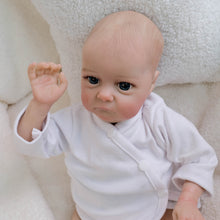Cargar imagen en el visor de la galería, Hand-Painted Head Reborn Baby Doll 16 inch 40cm with Blue Eyes, Blonde Hair, Pink Long-Sleeve Romper, Cloth Body & Full Limbs