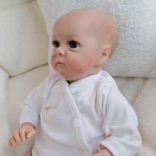Cargar imagen en el visor de la galería, Hand-Painted Head Reborn Baby Doll 16 inch 40cm with Blue Eyes, Blonde Hair, Pink Long-Sleeve Romper, Cloth Body & Full Limbs