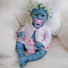 Carregar imagem no visualizador da galeria, 20 Inch LouLou Avatar Doll with Sparkling Yellow Glass Eyes, Hand-Painted Head, Avatar Skin Tone, Pink Cardigan & White Shorts, Full Vinyl Body