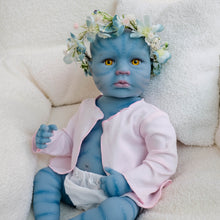 Carregar imagem no visualizador da galeria, 20 Inch LouLou Avatar Doll with Sparkling Yellow Glass Eyes, Hand-Painted Head, Avatar Skin Tone, Pink Cardigan & White Shorts, Full Vinyl Body