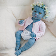 Carregar imagem no visualizador da galeria, 20 Inch LouLou Avatar Doll with Sparkling Yellow Glass Eyes, Hand-Painted Head, Avatar Skin Tone, Pink Cardigan & White Shorts, Full Vinyl Body