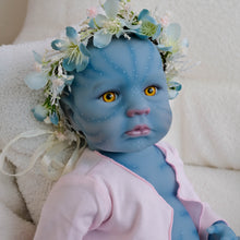 Carregar imagem no visualizador da galeria, 20 Inch LouLou Avatar Doll with Sparkling Yellow Glass Eyes, Hand-Painted Head, Avatar Skin Tone, Pink Cardigan & White Shorts, Full Vinyl Body