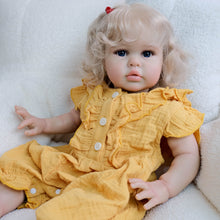 Load image into Gallery viewer, 24 Inch Fabric Body Reborn Baby Doll - Golden Haired Ellie in Yellow Gauze Flutter Sleeve Outfit, Blue Eyes