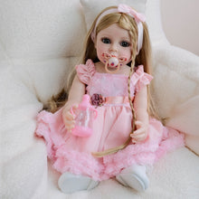 Load image into Gallery viewer, 22 inch lifelike open blue eyes reborn baby dolls realistic golden wig hair pink dress babysize doll toys for kids birthday holiday present gifts