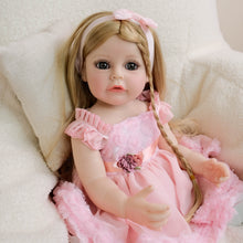 Load image into Gallery viewer, 22 inch lifelike open blue eyes reborn baby dolls realistic golden wig hair pink dress babysize doll toys for kids birthday holiday present gifts