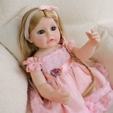 Load image into Gallery viewer, 22 inch lifelike open blue eyes reborn baby dolls realistic golden wig hair pink dress babysize doll toys for kids birthday holiday present gifts
