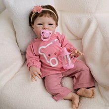 Load image into Gallery viewer, 20inch Reborn Baby Doll August - Awake Blue Eyes & Rooted Brown Hair, Wearing Cozy Purple Pink Bear Print Outfit, Plush Body