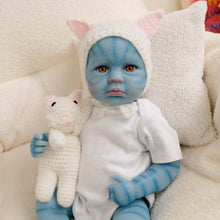 Carregar imagem no visualizador da galeria, 20 Inch LouLou Avatar Doll with Sparkling Yellow Glass Eyes, Hand-Painted Head, Avatar Skin Tone, Pink Cardigan & White Shorts, Full Vinyl Body