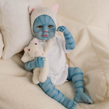 Carregar imagem no visualizador da galeria, 20 Inch LouLou Avatar Doll with Sparkling Yellow Glass Eyes, Hand-Painted Head, Avatar Skin Tone, Pink Cardigan & White Shorts, Full Vinyl Body